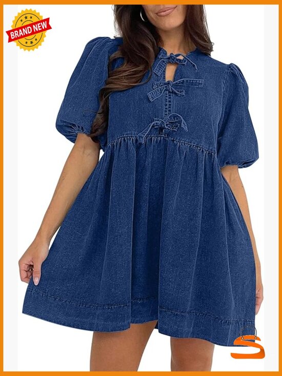 Dresses & Skirts - Puff Sleeve Babydoll Denim Romper Dress with Pockets